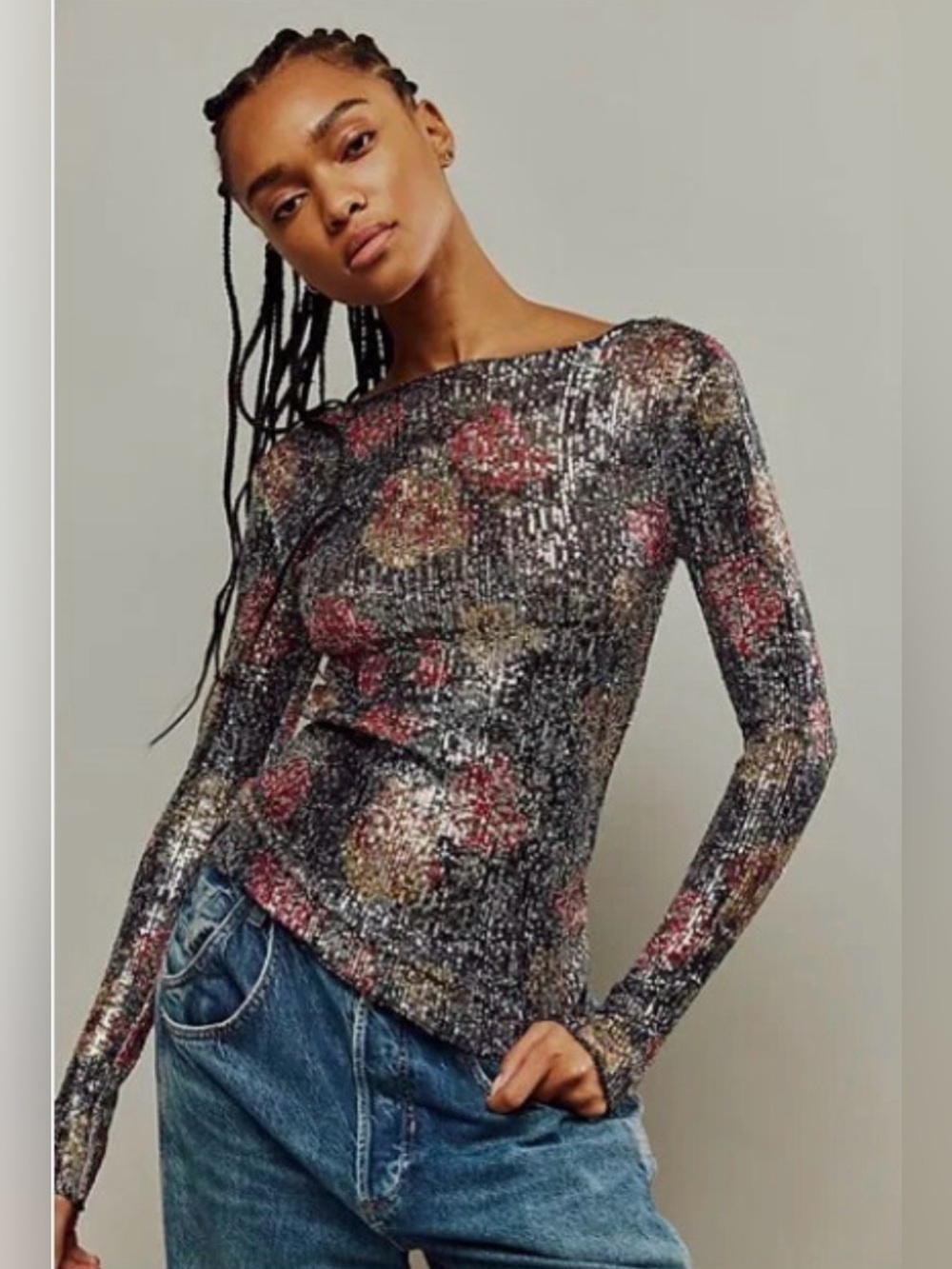 Free People Printed Gold Rush Long Sleeve Sequin Top Midnight Combo XS NWT